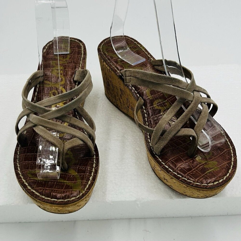 Sam Edelman Sz 8 Reana Taupe Suede Strappy Boho Neutral Earthy 3" Wedge Sandals